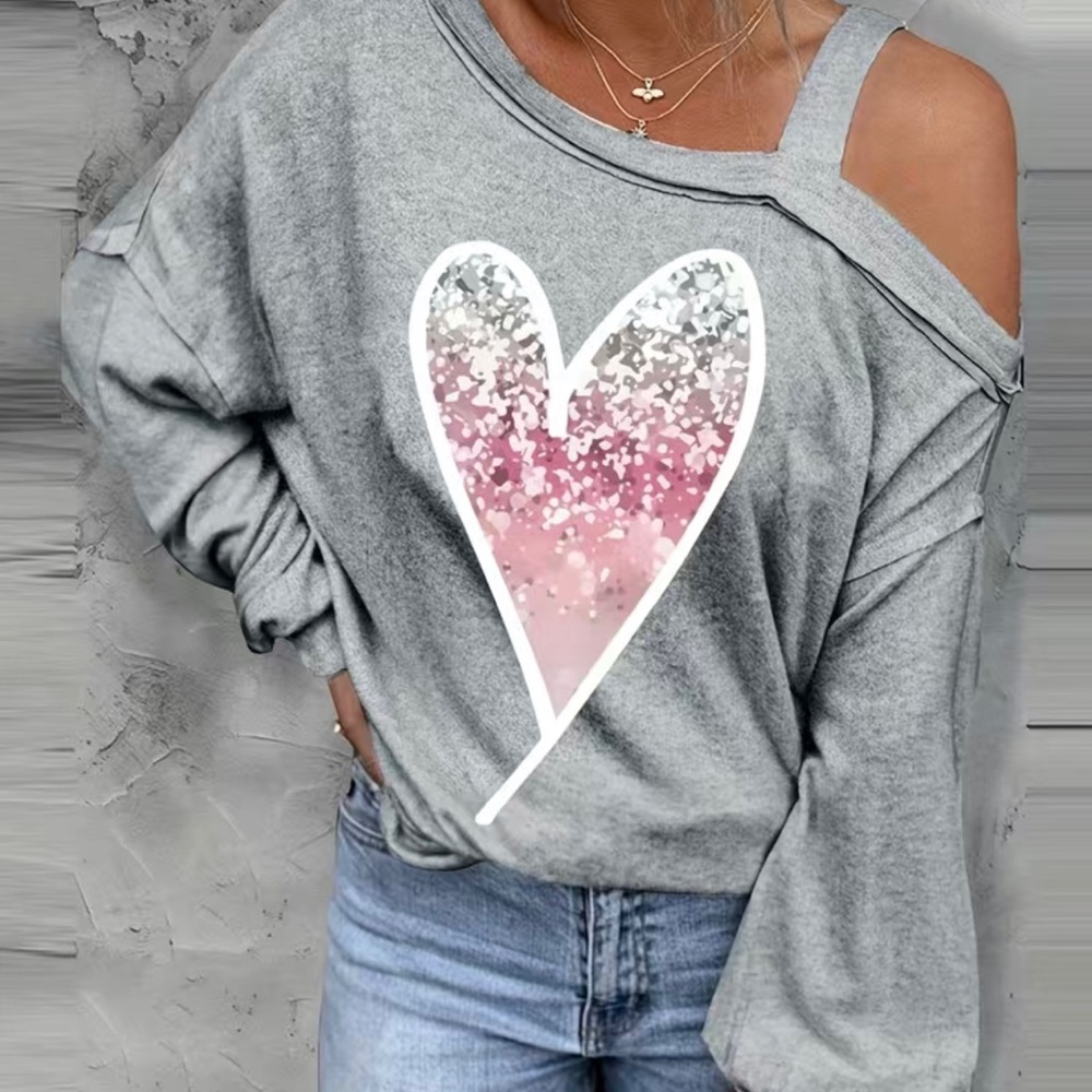 COPY - HEART PRINT COLD SHOULDER T-shirtlong sleeve @e